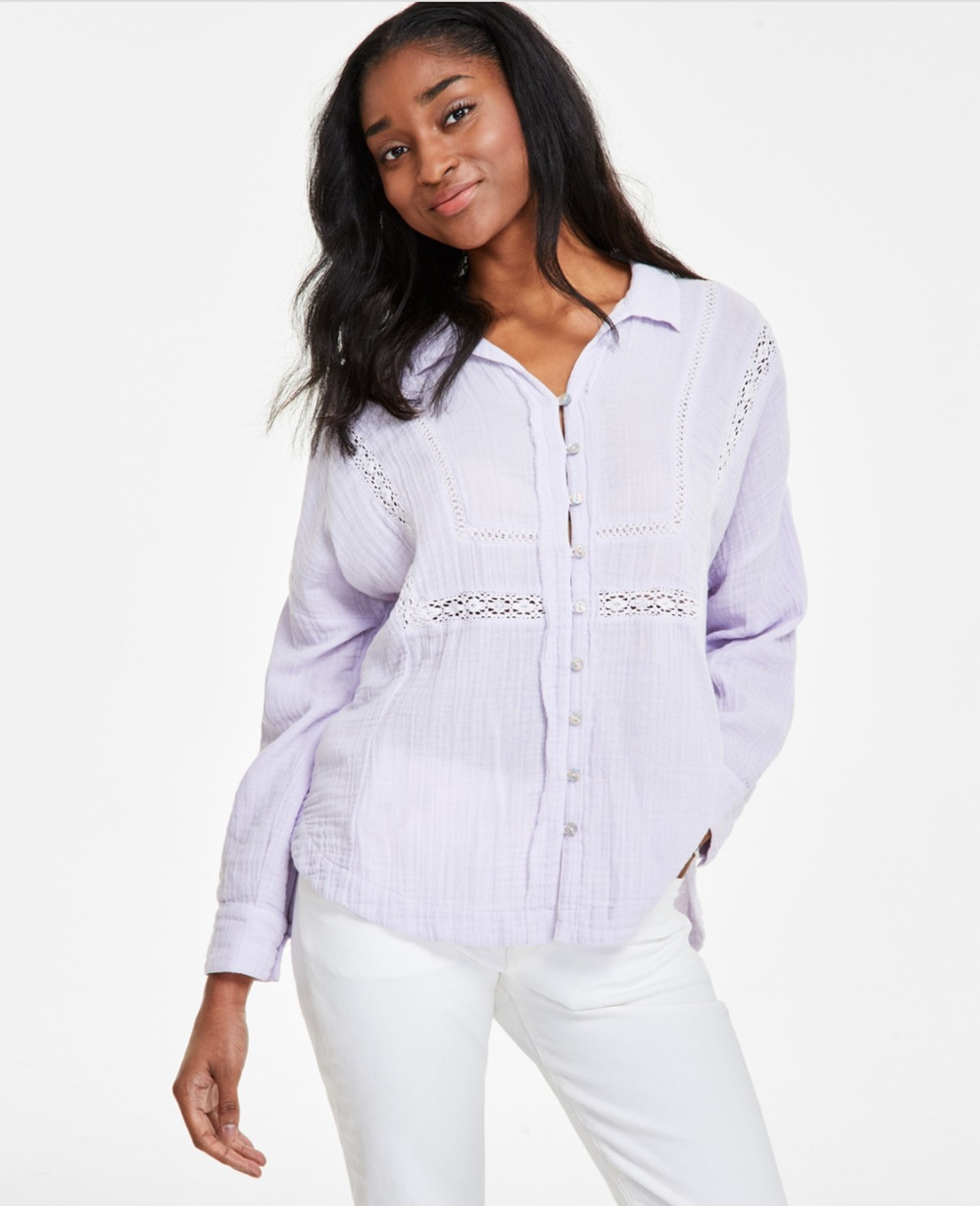 Lucky Brand Women Lace Trim Gauze Shirt Thistle Size S